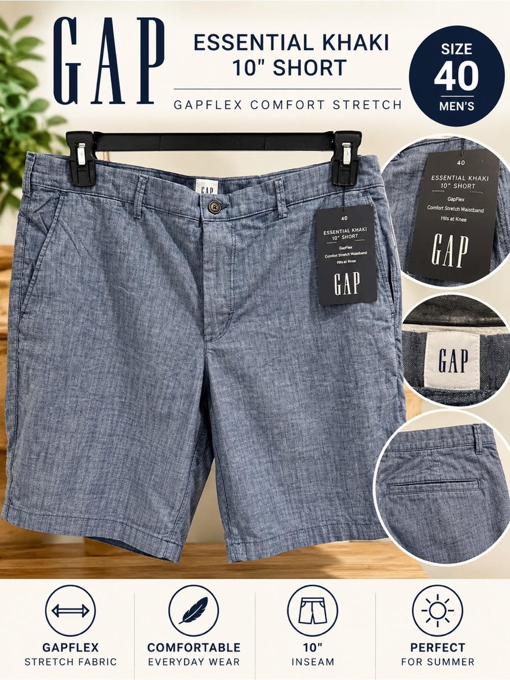 GAP Men’s Essential Khaki 10” Shorts Size 40 Blue Gray NWT GapFlex